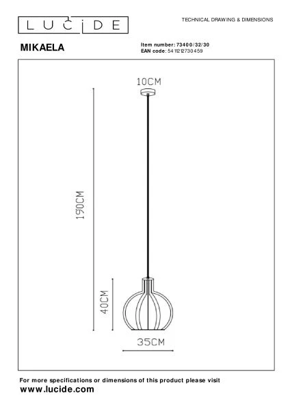 Lucide MIKAELA - Suspension - Ø 35 cm - 1xE27 - Noir - TECHNISCH